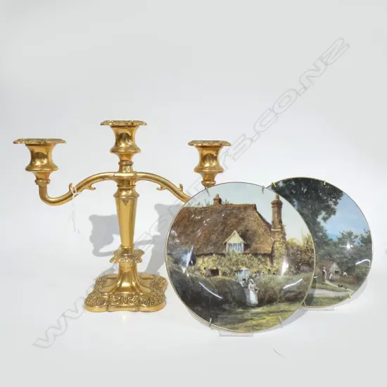 GOLD GILT 3-ARM CANDELABRA ((L 290MM)& PR COALPORT COLLECTABLE PLATES (DIA 190MM)