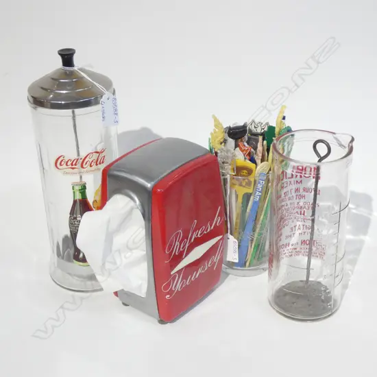 VINTAGE STRAW HOLDER / COCA COLA SERVIETTE HOLDER / SWIZZLE STICKS & HORLICK MIXER