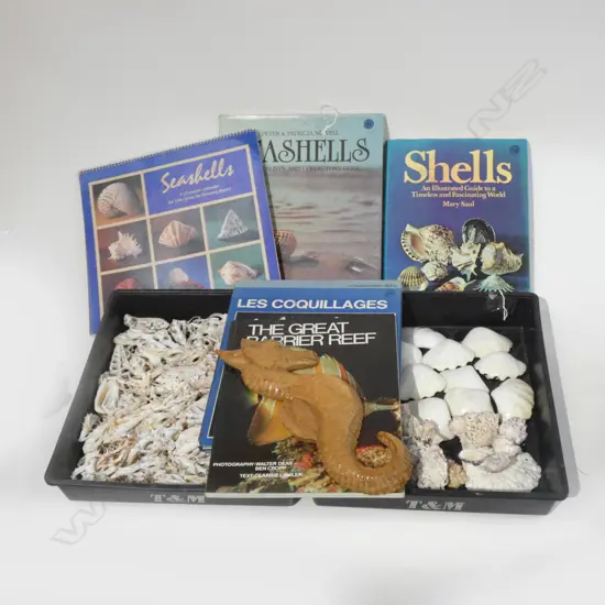 2 TRAYS OF ASST SHELLS /SEAHORSE CARVING AND ASST BOOKS