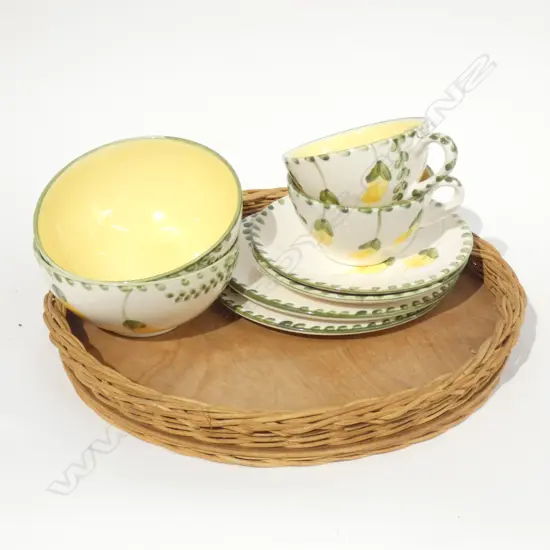 8 PCE STUDIO CERAMICS KOWHAI PATTERN BREAKFAST SET ON CANE TRAY (1 AF)