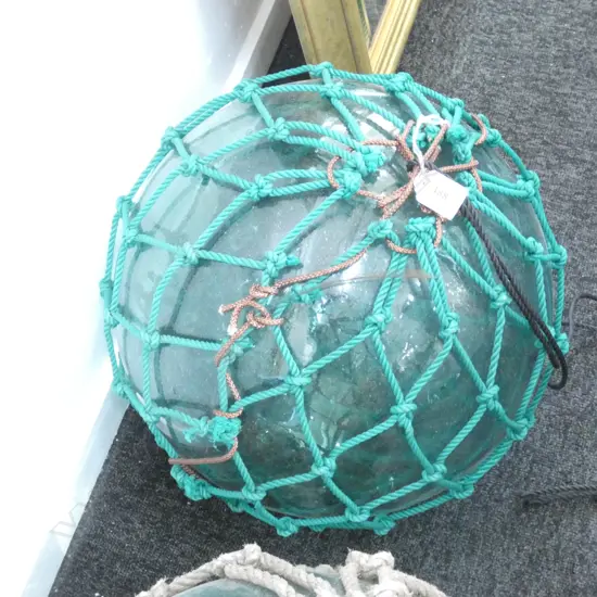 OLD GLASS LARGE FISHING FLOAT WITH GREEN NETTING 390mm dia