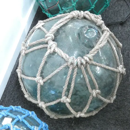 OLD GLASS LARGE FISHING FLOAT WITH BROWN NETTING 410mm dia