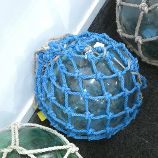 OLD HAND BLOWN FISHING FLOAT w. BLUE NETTING 320mm dia