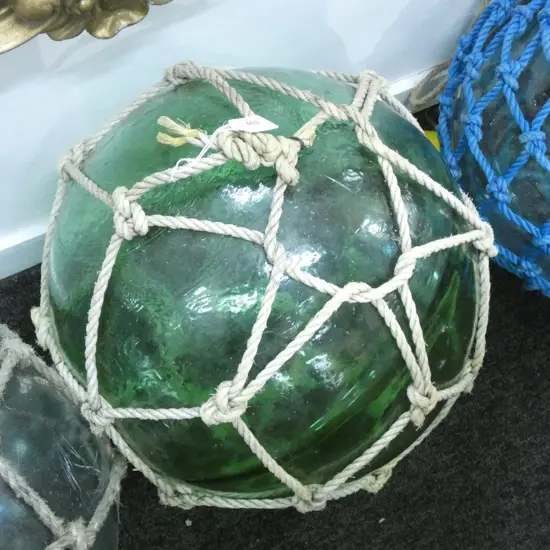 OLD HAND BLOWN FISHING FLOAT w NETTING 400mm dia