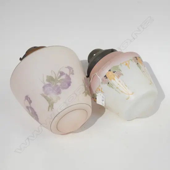 2 EDWARDIAN GLASS PENDANT LIGHT SHADES FLORAL PRINTED..