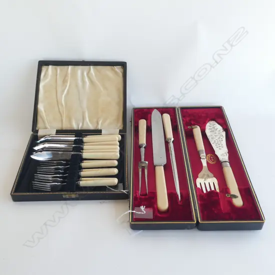 VINTAGE BOXED FAUX BONE HANDLED CUTLERY; 12 PC FISH SET & 5 PC CARVING & FISH SERVERS SET