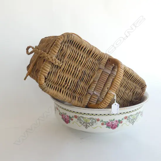 LARGE VINTAGE WASH BOWL 390mm dia + CANE BASKET 