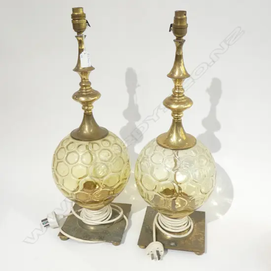 PR AMBER GLASS & BRASS RETRO TABLE LAMPS (NO SHADES (H. 575MM)
