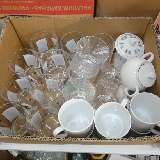 BOX ASST CARD THEMED GLASSES / ARZBERG WHITE TEA SET ETC..