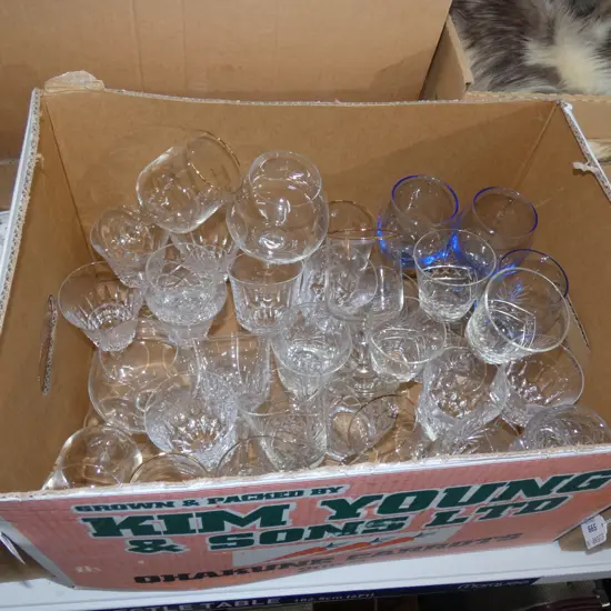 BIG BOX LOT ASST GLASSES; CRYSTAL & GLASS WINE ETC..