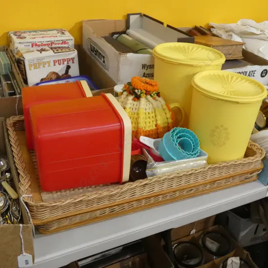 2 RETRO TRAYS + CONTENTS INCL TUPPERWARE ETC..