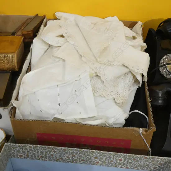 BOX LOT ASST ANTIQUE LINEN & LACE UNDERGARMENTS + BERLEI CORSET ETC..