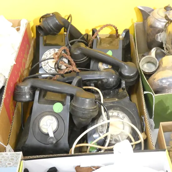BOX OF 4 OLD BLACK TELEPHONES; 3 BAKELITE