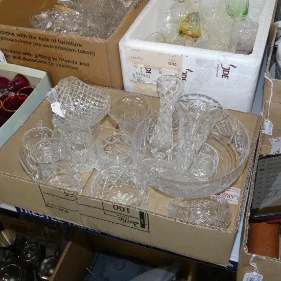 BOX LOT CRYSTAL BOWLS, JUGS, VASES