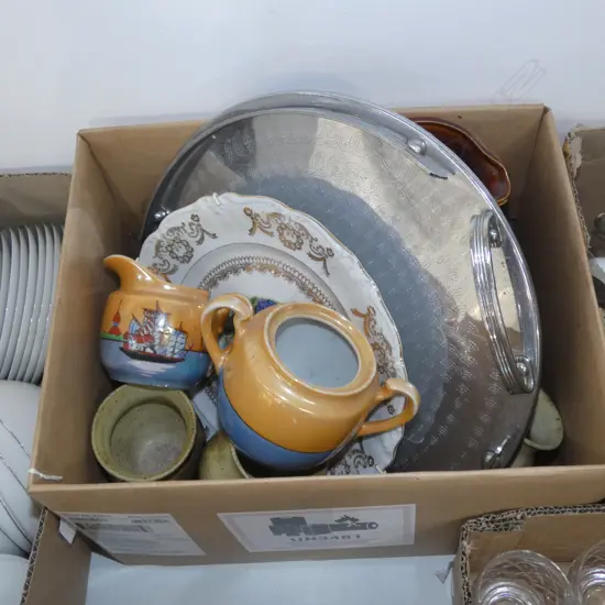 SM BOX ASST INCL. SILVER PLATE TRAY /PLATE/JUG & BOWL / JUG 6 POTTERY WINE GOBLETS