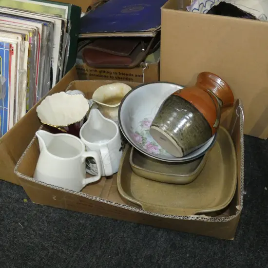 BOX LOT ASST POTTERY & CERAMICS INCL CROWN LYNN / BELLEEK / CARLTON WARE ETC.