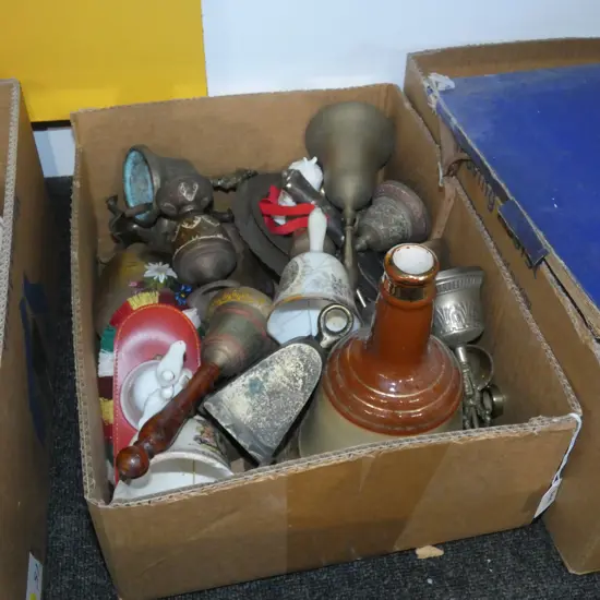 BIG BOX LOT ASST BELLS; BRASS / PORCELAIN ETC.. PLUS VASES 