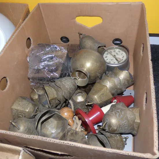 BOX LOT ORIENTAL BRASS BELLS ETC