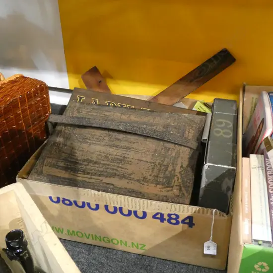 LG BOX ASST OLD METAL BOXES + CONCRETE SPLICER ETC