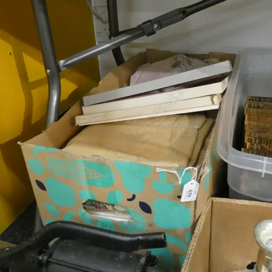 LG BOX ASST VINTAGE LINEN CLOTHS ETC. (SOME IN ORIGINAL BOXES) CROCHET DOILIES & RETRO TABLE WARE