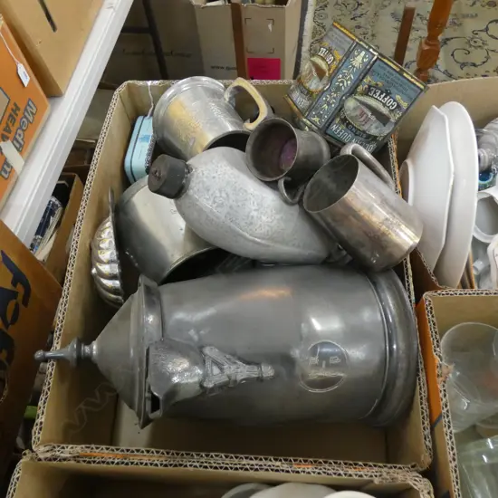 BOX METALWARE TANKARDS JUGS ETC 