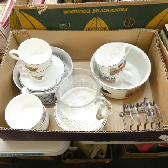 BOX VILLEROY & BOCH CUPS SAUCERS & BOWL + CRYSTAL JUG ETC