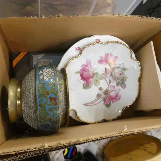 SM BOX ASST; PORCELAIN, TILES, BRASS POT, CHOPSTICKS ETC..