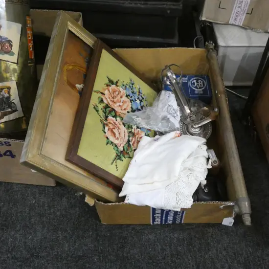 BOX ASST; OLD BRASS PUMP / LINEN / KITCHENALIA / CAMERA/ TAPESTRY ETC.