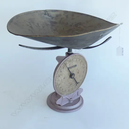 VINTAGE PINK METALLIC SALTER SCALES W LG BRASS TRAY  H370MM