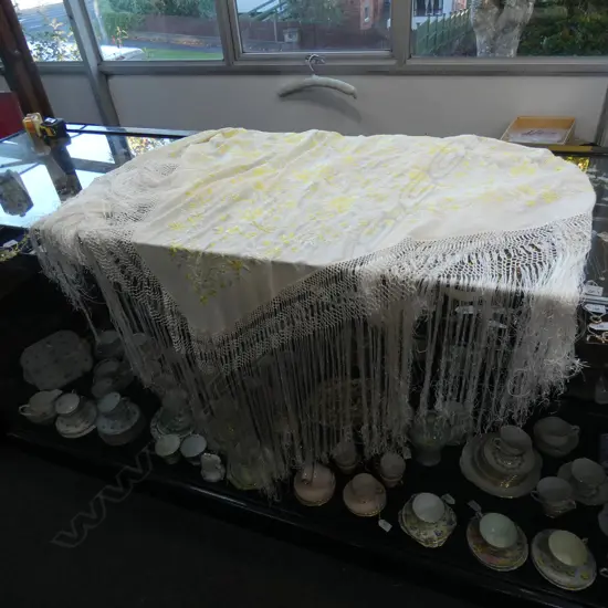 OLD YELLOW EMBROIDERED FRINGED SHAWL