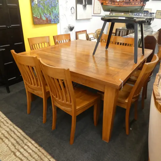 LARGE SQUARE DINING TABLE WITH 8 HOBBS FURNITURE RIMU DINING CHAIRS 1500 MM SQUARE