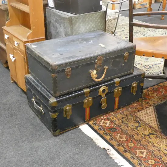 2 LARGE METAL BOUND TRAVELLING TRUNKS SOME DAMAGE L 900 MM