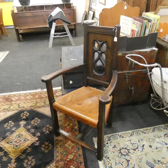 C1910 GOTHIC STYLE HIGHBACK ARM CHAIR LEATHER SEAT