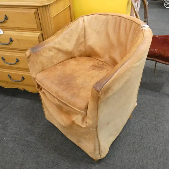 PR OLD TAN LEATHER TUB ARM CHAIRS