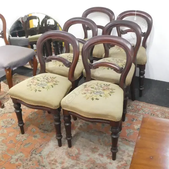 6  VICTORIAN BALLOON BACK DINING CHAIRS; TAPESTRY SEATS (one chair requires repair)