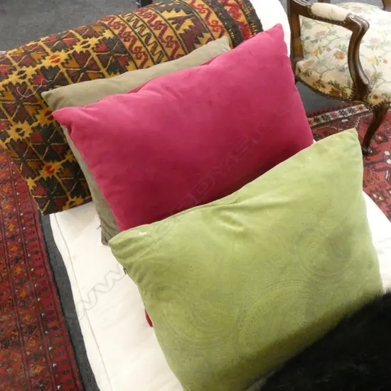 3 SUEDE LIKE CUSHIONS - RED / GREEN / TAN