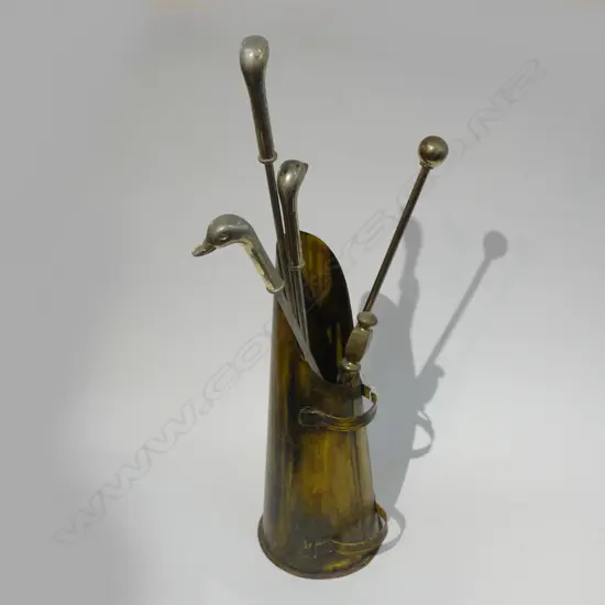 DUCK HEAD HANDLE BRASS FIRE TOOLS WITH BUCKET