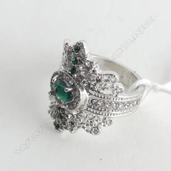 SILVER & FAUX EMERALD & DIA. LGE RING