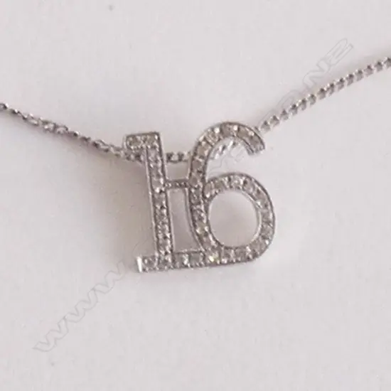 9CT WHITE GOLD DIAMOND SET '16' PENDANT ON 9CT CHAIN