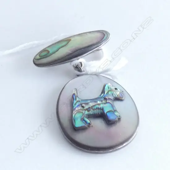 VINTAGE SILVER & PAUA SCOTTIE DOG SUSPENDED BROOCH