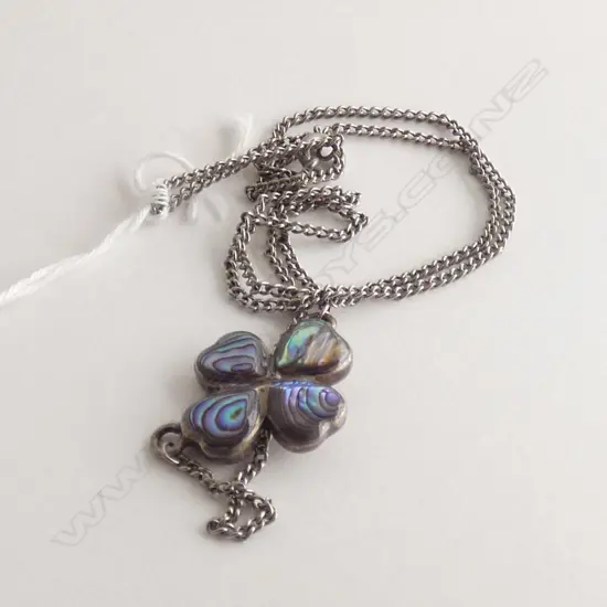 VINTAGE SILVER PAUA FOUR LEAF CLOVER PENDANT
