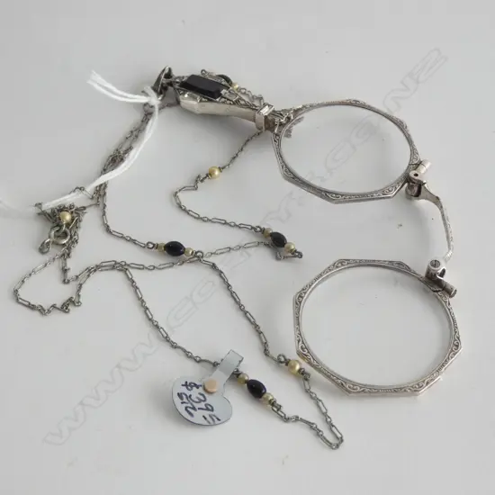 ANTIQUE OPERA LORGNETTE GLASSES WITH MARCESITE & ONYX + CHAIN