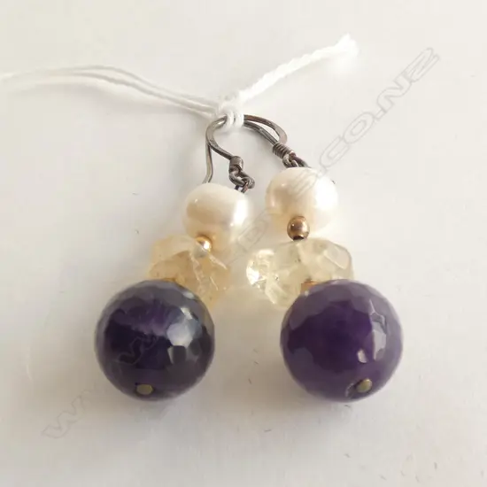 AMETHYST, PEARL & QUARTZ CRYSTAL DROP EARRINGS