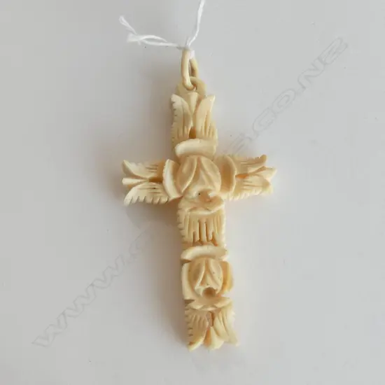 BONE CROSS PENDANT CARVED FLOWERS