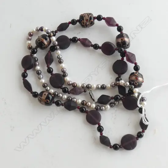 2 PURPLE NECKLACES; LAMPWORK BEADS & PEARL