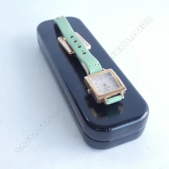 FURLA LADIES WATCH - GREEN LEATHER STRAP - IN ORIGINAL BOX WITH BOOKLET (NOT WORKING)