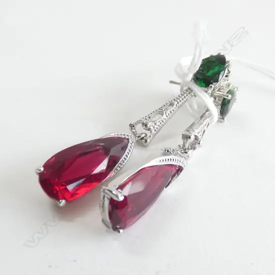 SILVER SYNTHETIC RUBY & EMERALD EARRINGS