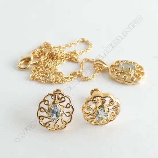 GOLD PLATED BLUE STONE PENDANT & EARRINGS 