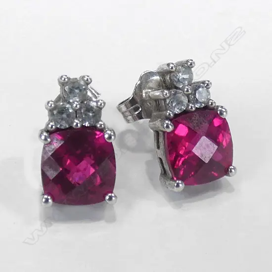 PR SILVER CZ & RED STONE EARRINGS