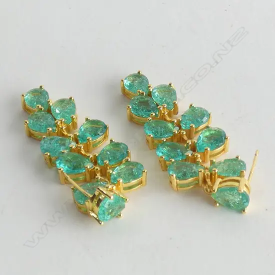 PR SILVER GILT LONG DROP EARRINGS FAUX EMERALD